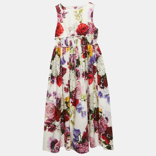 Kids /Red Floral Print Poplin Shirring Midi Dress 11/12 Yrs - Dolce & Gabbana - Modalova