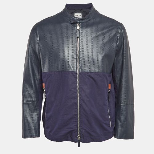 Blue Perforate Leather and Cotton Zip-Up Jacket XL - Armani Collezioni - Modalova