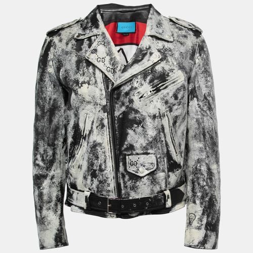 White/ Hand Painted Leather Patch Detail Biker Jacket M - Gucci - Modalova