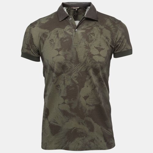 Military Lion Print Cotton Leather Trimmed Polo T-Shirt S - Roberto Cavalli - Modalova