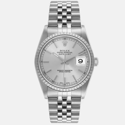 Datejust Silver Dial Engine Turned Bezel Steel Mens Watch 16220 - Rolex - Modalova