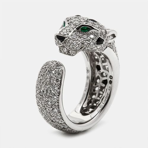 Panthere De Diamond Onyx Emerald 18K Gold Cocktail Ring Size 48 - Cartier - Modalova