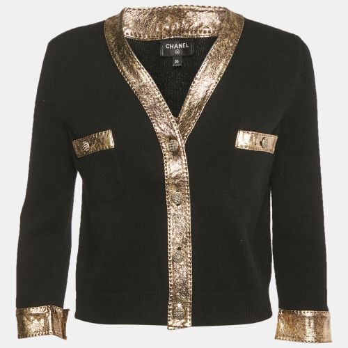 Metallic Coated Leather Trim Cashmere Cardigan S - Chanel - Modalova