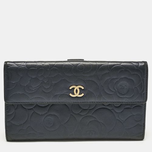 Navy Leather Camellia Trifold Continental Wallet - Chanel - Modalova