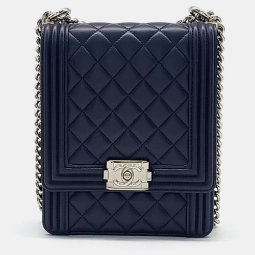 Navy Blue Leather North/South Boy Bag - Chanel - Modalova