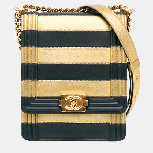 Navy Blue/ Metallic Lambskin Striped North South Boy Flap - Chanel - Modalova