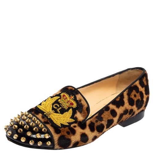 Leopard Print Calf Hair and Black Patent Leather Harvanana Spike Loafers Size 37 - Christian Louboutin - Modalova