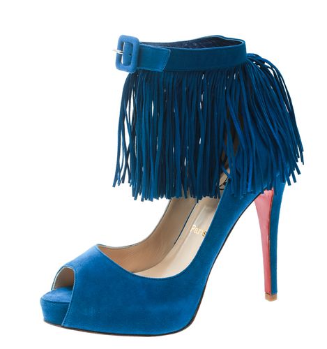 Cobalt Suede Tina Fringe Detail Ankle Strap Peep Toe Pumps Size 37 - Christian Louboutin - Modalova