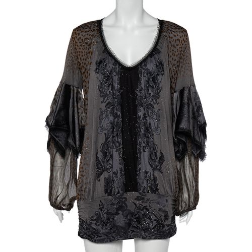 Printed Jersey Overlay Sleeve Detailed Top L - Class by Roberto Cavalli - Modalova