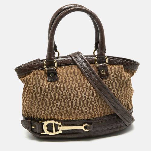 Dark /Beige Signature Canvas and Croc Embossed Leather Buckle Logo Satchel - Aigner - Modalova