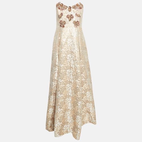 Rose Floral Motif Brocade Sequin Detail Strapless Gown L - Badgley Mischka - Modalova