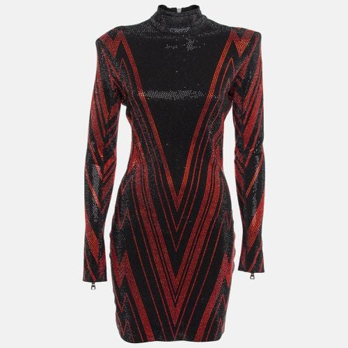 Red Chevron Patterned Crystal Embellished Jersey Mini Dress M - Balmain - Modalova