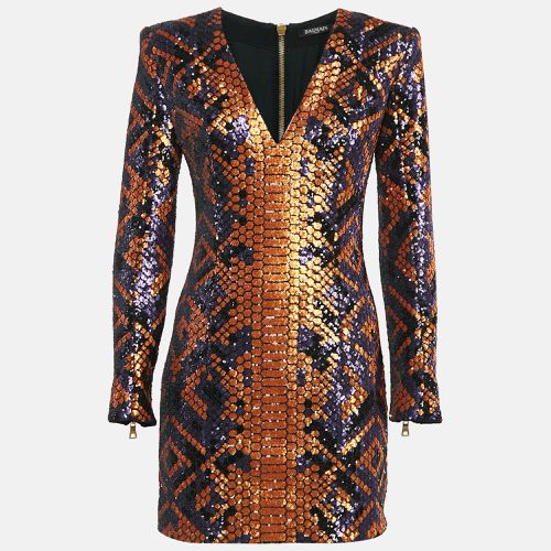 Snake Pattern Sequin Full Sleeve Mini Dress S - Balmain - Modalova