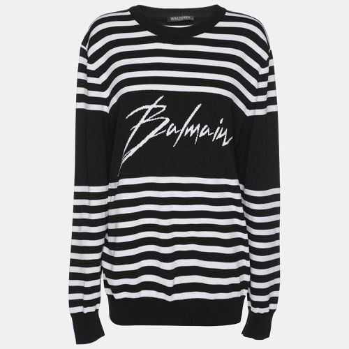 White Striped Knit Fabric Crew Neck Sweater M - Balmain - Modalova