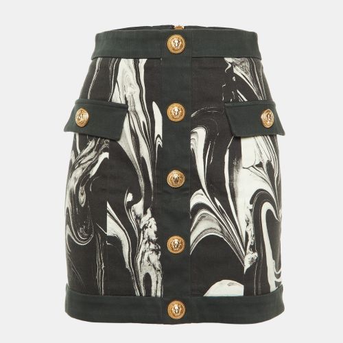 Monochrome Marble Print Cotton Button Detail Mini Skirt S - Balmain - Modalova