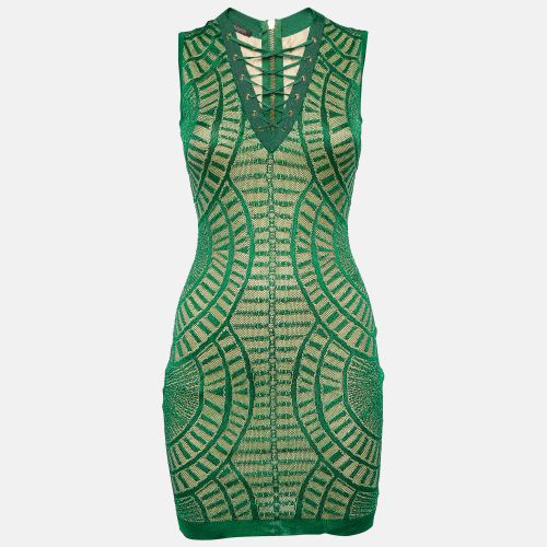 Patterned Knit Sleeveless Lace-Up Bodycon Dress S - Balmain - Modalova