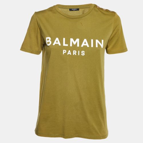 Logo Printed Cotton Buttons Detail Half Sleeve T-Shirt S - Balmain - Modalova