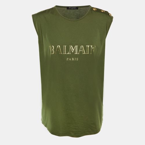 Olive Logo Print Cotton Sleeveless T-Shirt L - Balmain - Modalova