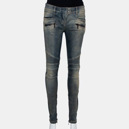 Denim Quilted Detail Faded Effect Biker Jeans M - Balmain - Modalova