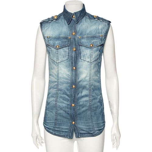 Faded Effect Denim Pocket Detailed Button Front Sleeveless Shirt S - Balmain - Modalova