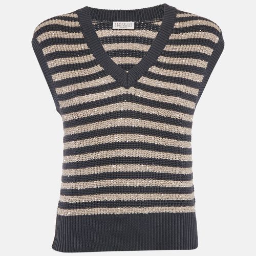 Beige/ Striped Cotton Knit Sequin Detail Sleeveless Sweater M - Brunello Cucinelli - Modalova