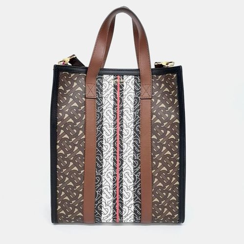 Black/Brown TB Monogram Coated Canvas, Leather Stripe Portrait Tote - Burberry - Modalova