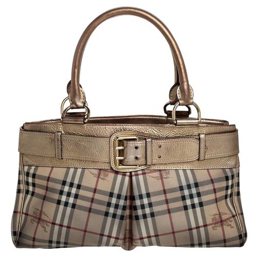 Gold Haymarket Check Coated Canvas and Leather Bridle Tote - Burberry - Modalova