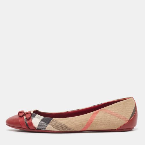 Burgundy/ Leather And Nova Check Canvas Buckle Detail Ballet Flats Size 40 - Burberry - Modalova