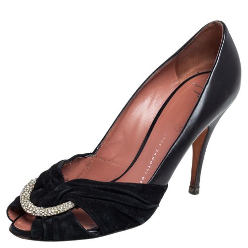 Leather and Suede Crystal Embellished Peep Toe Pumps Size 37.5 - Giuseppe Zanotti - Modalova