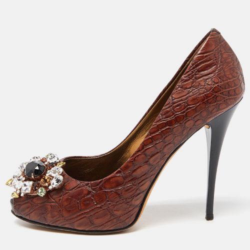 Croc Embossed Leather Crystal Embellished Peep Toe Pumps Size 37 - Giuseppe Zanotti - Modalova