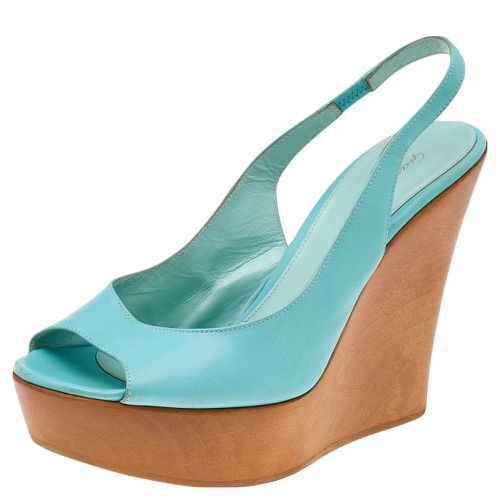 Turquoise Leather Wedge Platform Slingback Sandals Size 38.5 - Gianvito Rossi - Modalova