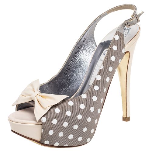 Cream Polka Canvas And Patent Leather Bow Open Toe Sandals Size 37.5 - Gina - Modalova