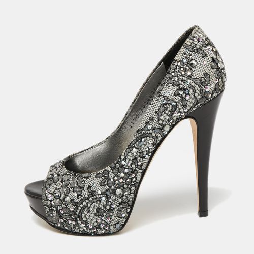 Grey/ Lace Crystal Embellished Open Peep Platform Pumps Size 37 - Gina - Modalova