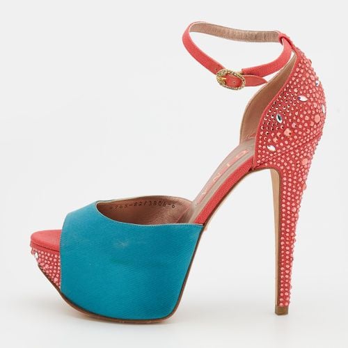 Turquoise/Red Satin and Canvas Crystal Embellished Platform Ankle Strap Sandals Size 39 - Gina - Modalova