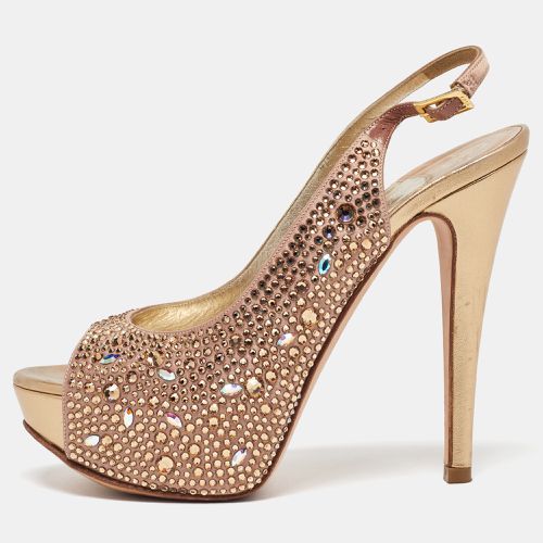 Rose Gold Satin Crystal Embellished Platform Peep Toe Slingback Sandals Size 36 - Gina - Modalova