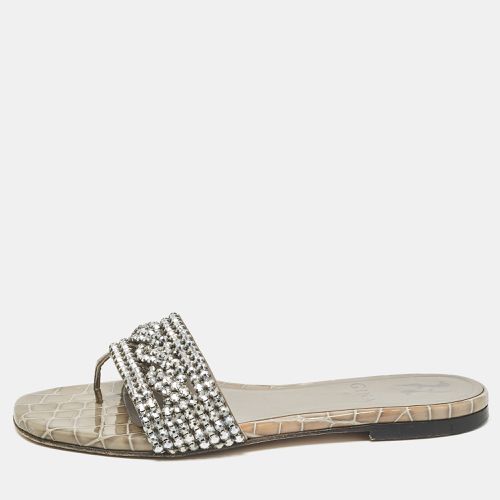 Croc Embossed Patent and Leather Crystal Embellished Flat Slides Size 36 - Gina - Modalova