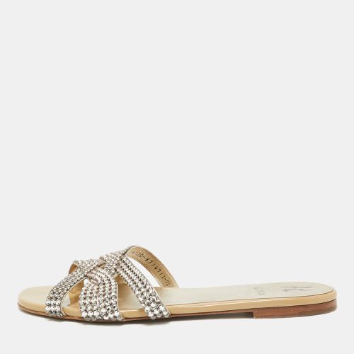 Silver Crystal Embellished Leather Flat Slides Size 40.5 - Gina - Modalova