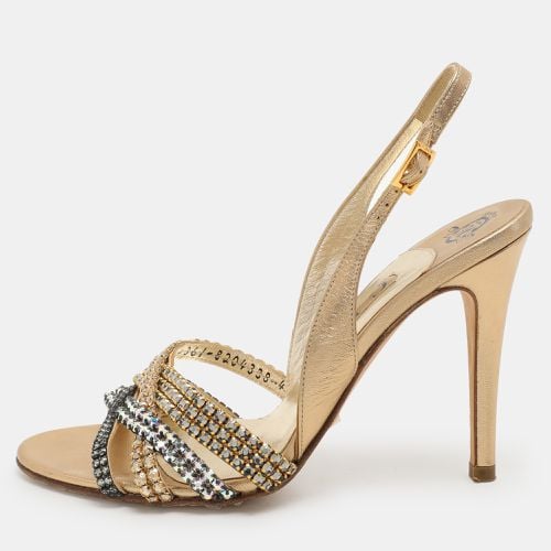 Leather Crystal Embellished Slingback Sandals Size 37 - Gina - Modalova