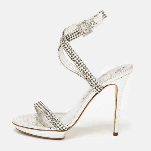 Leather Crystal Embellished Ankle Strap Sandals Size 40 - Gina - Modalova