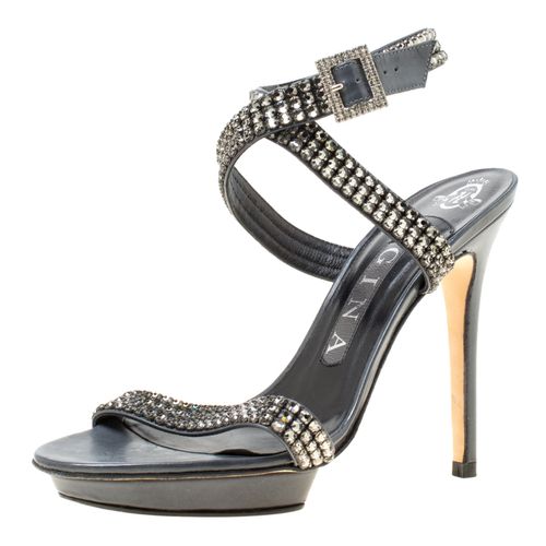 Dark Crystal Embellished Leather Cross Ankle Strap Sandals Size 37 - Gina - Modalova