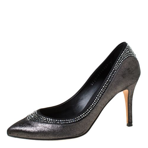 Crystal Embellished Textured Fabric Pointed Toe Pumps Size 37 - Gina - Modalova