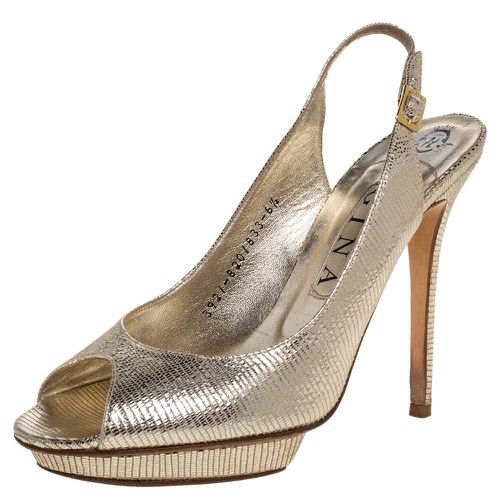 Gold Lizard Embossed Leather Platform Peep Toe Slingback Sandals Size 39.5 - Gina - Modalova