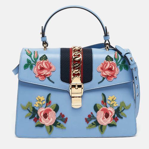 Leather Floral Embroidered Medium Sylvie Top Handle Bag - Gucci - Modalova