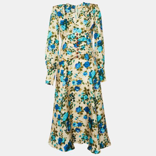 Blue Rose Print Silk Ruched Detail Long Dress M - Gucci - Modalova