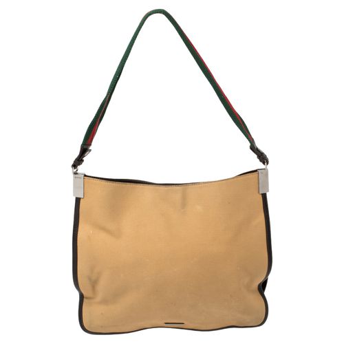 Khaki Canvas and Leather Trim Web Detail Hobo - Gucci - Modalova