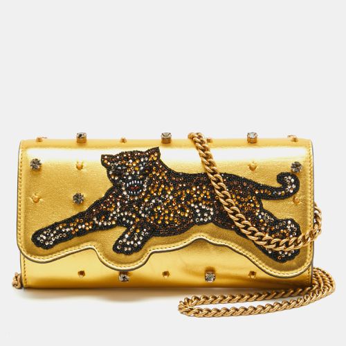 Leather Embroidered Tiger Crystal Studded Chain Clutch - Gucci - Modalova