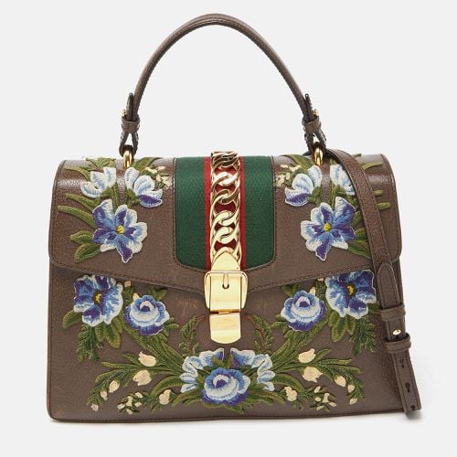 Floral Embroidered Leather Medium Sylvie Top Handle Bag - Gucci - Modalova