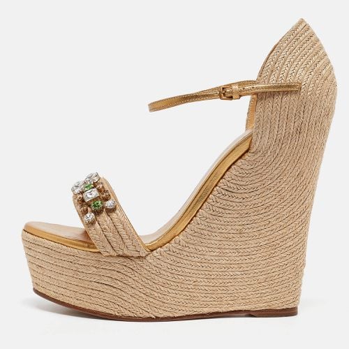 Leather and Jute Crystal Embellished Espadrille Wedge Sandals Size 39 - Gucci - Modalova