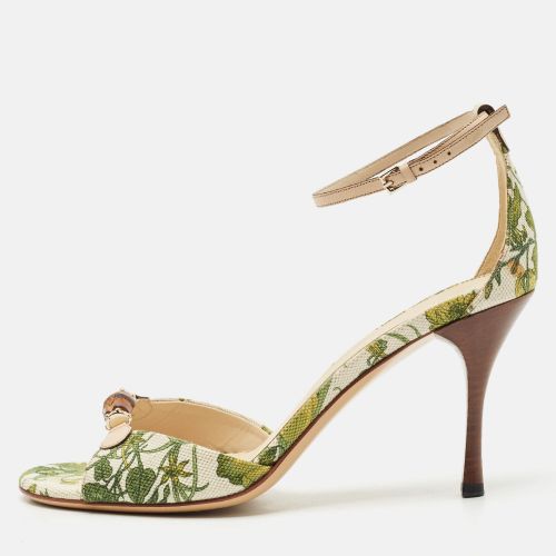 Beige Printed Canvas and Leather Bamboo Horsebit Ankle Strap Sandals Size 39 - Gucci - Modalova