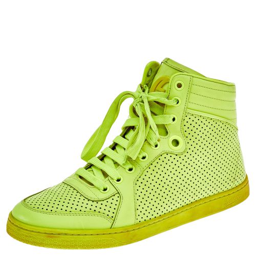 Neon Perforated Leather Lace Up High Top Sneakers Size 38.5 - Gucci - Modalova